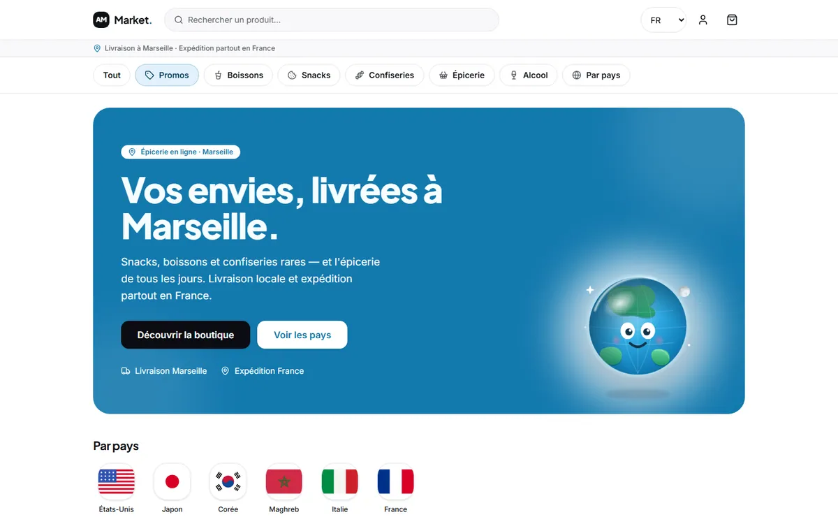 Accueil de la boutique sur ordinateur : « Vos envies, livrées à Marseille » et le choix des pays d’origine.