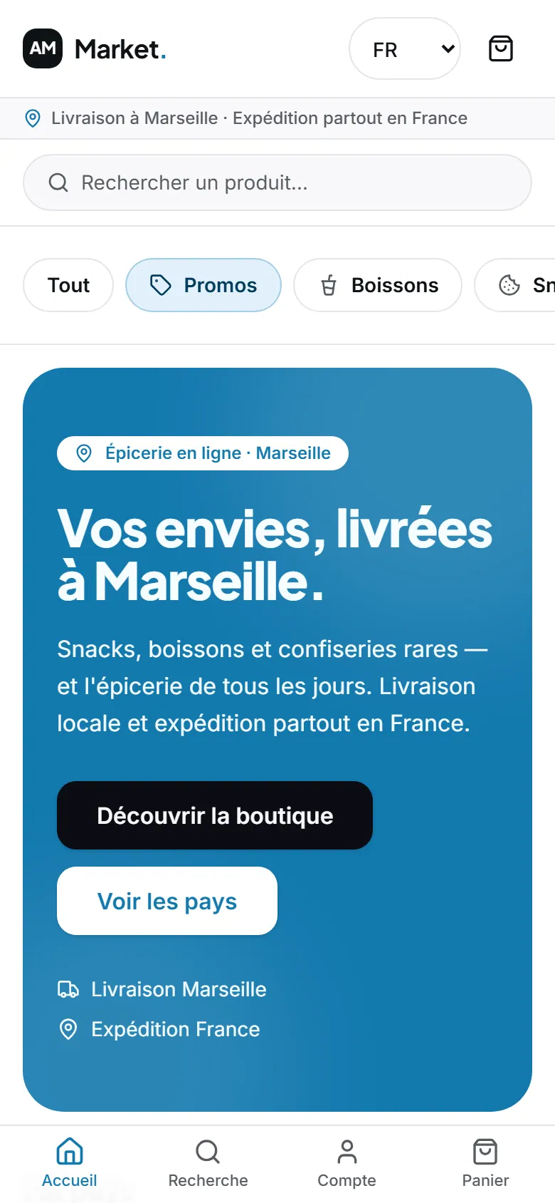 Accueil de la boutique sur téléphone, avec la barre de navigation du bas.