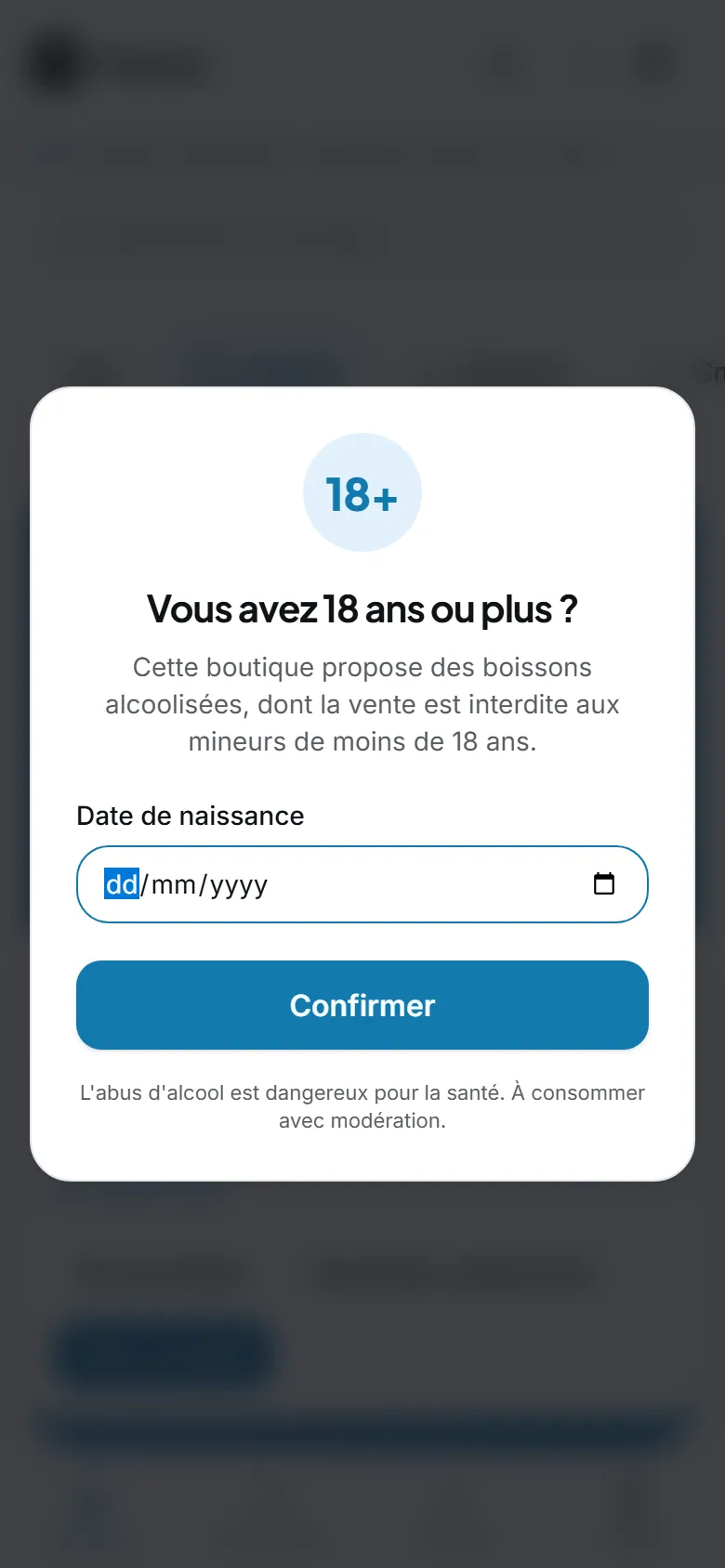 Fenêtre de contrôle d’âge : date de naissance demandée avant d’entrer dans la boutique.