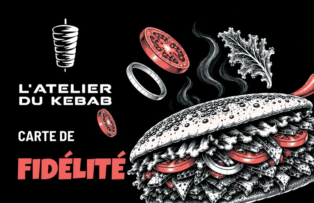 Recto de la carte de fidélité : le logo du restaurant, « Carte de fidélité » et un sandwich dessiné en gravure.