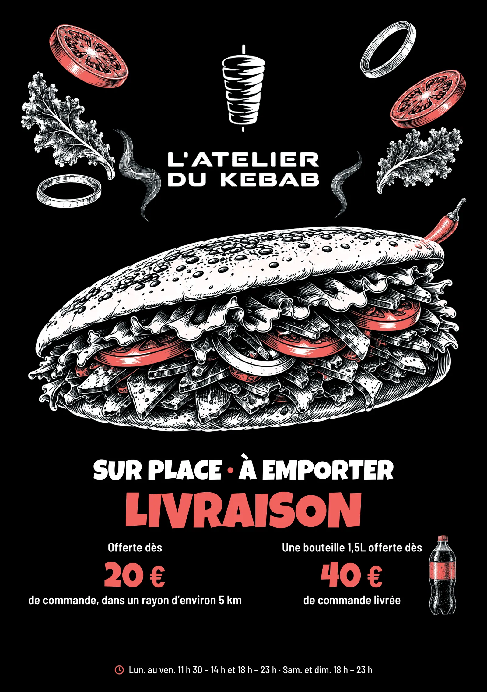 Recto du flyer A5 : le logo de L’Atelier du Kebab, un sandwich dessiné en gravure, « Sur place · À emporter · Livraison », la livraison offerte dès 20 € de commande dans un rayon d’environ 5 km, une bouteille de 1,5 L offerte dès 40 € et les horaires. L’adresse et le téléphone sont masqués.