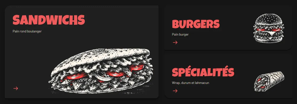 L’application de commande sur ordinateur : les rubriques Sandwichs, Burgers et Spécialités, chacune avec son dessin.
