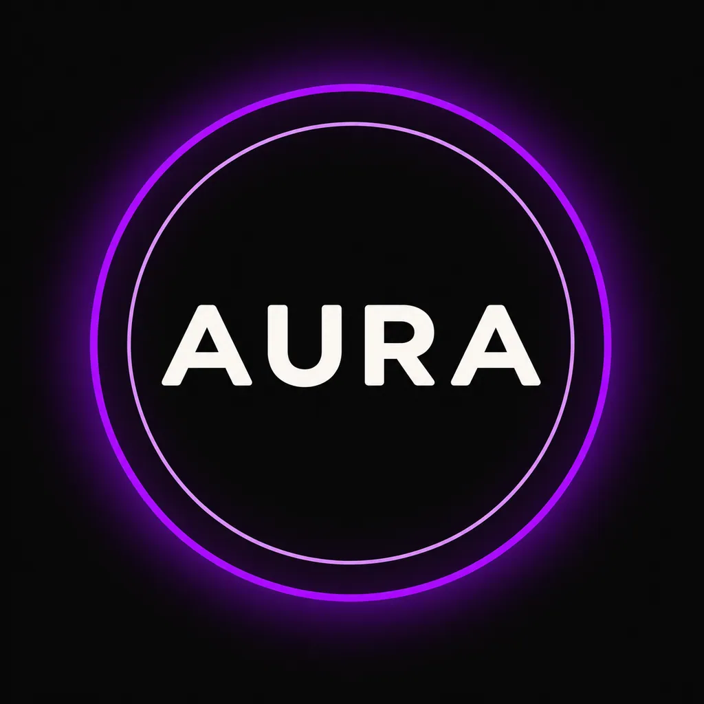 Le logo AURA en version sombre : deux anneaux violets autour du nom sur fond noir.