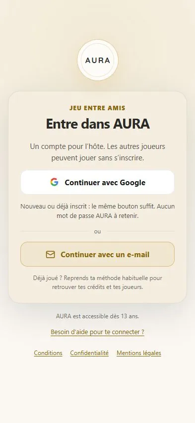 Écran de connexion d’AURA sur iPhone : continuer avec Google ou avec un e-mail.