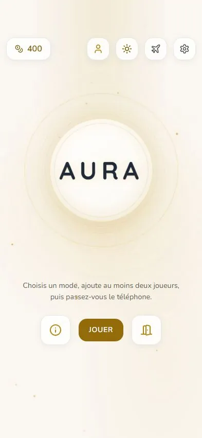 Accueil d’AURA sur iPhone : le cercle au centre, le choix du mode de jeu en bas.