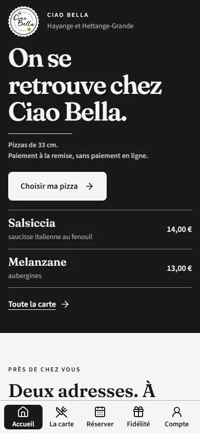 Accueil de l’application Ciao Bella sur téléphone : « On se retrouve chez Ciao Bella » et deux pizzas à choisir.