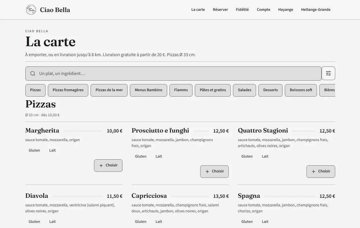 La carte sur ordinateur : recherche, familles, pizzas avec composition, allergènes et prix.
