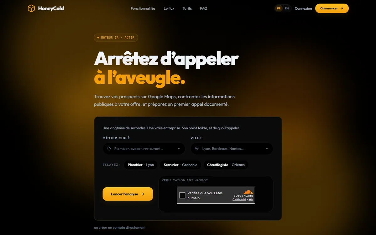 Page d’accueil de HoneyCold : le titre « Arrêtez d’appeler à l’aveugle » et le formulaire de recherche par métier et par ville.