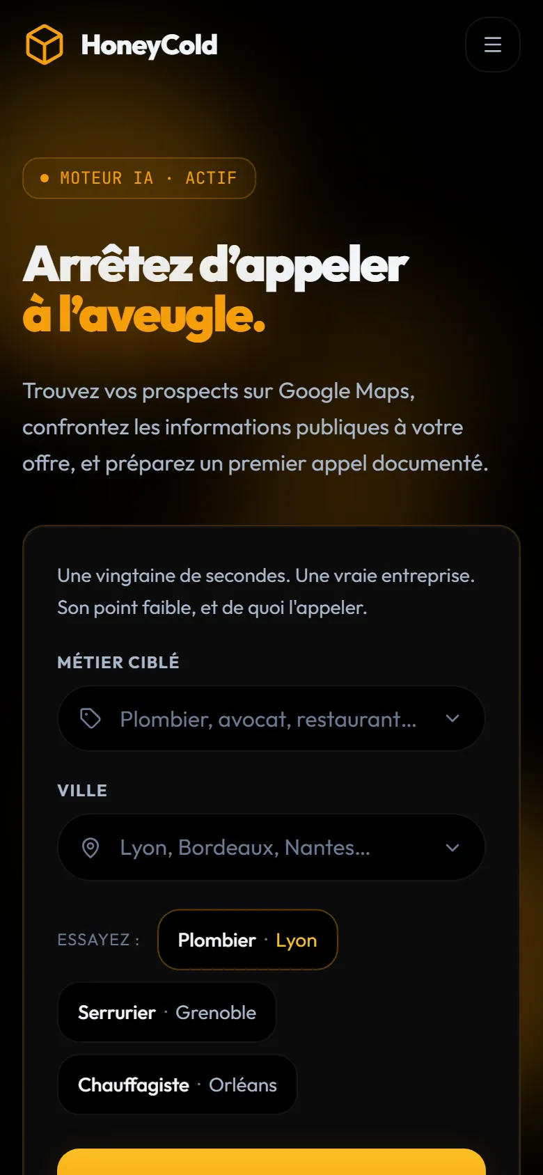 La page d’accueil de HoneyCold sur téléphone.