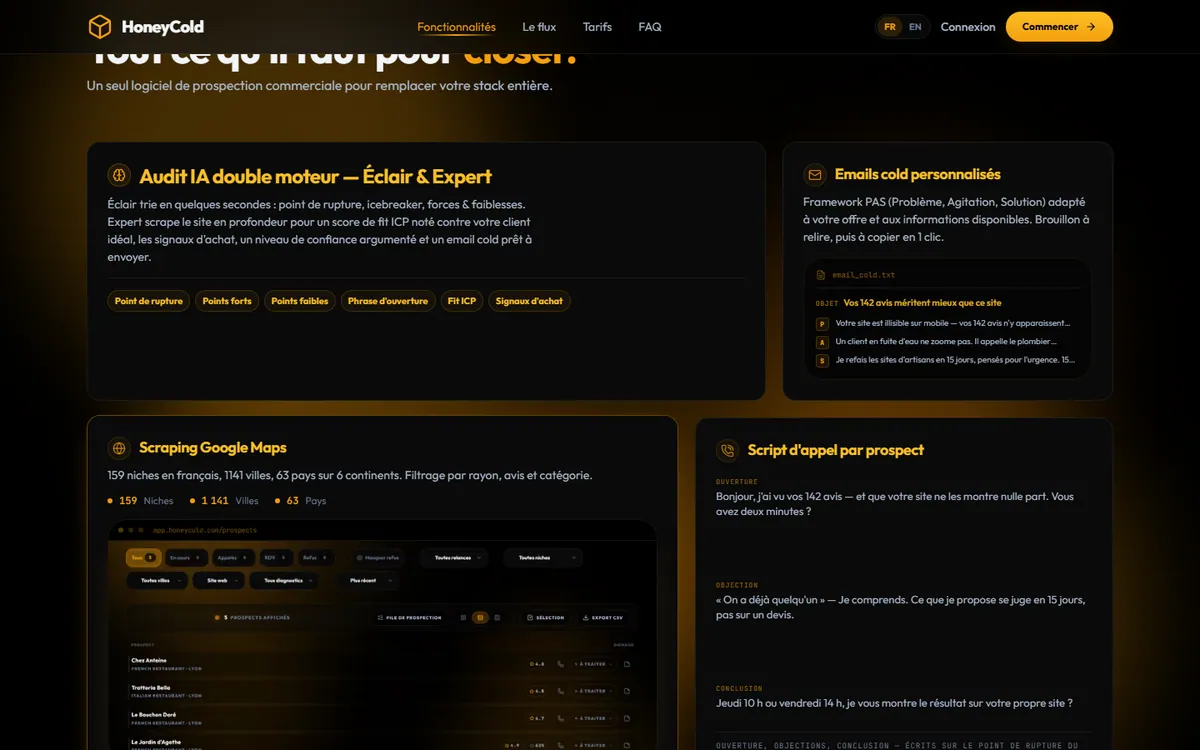 Présentation des fonctions : audit IA double moteur, e-mails personnalisés, recherche Google Maps et script d’appel.
