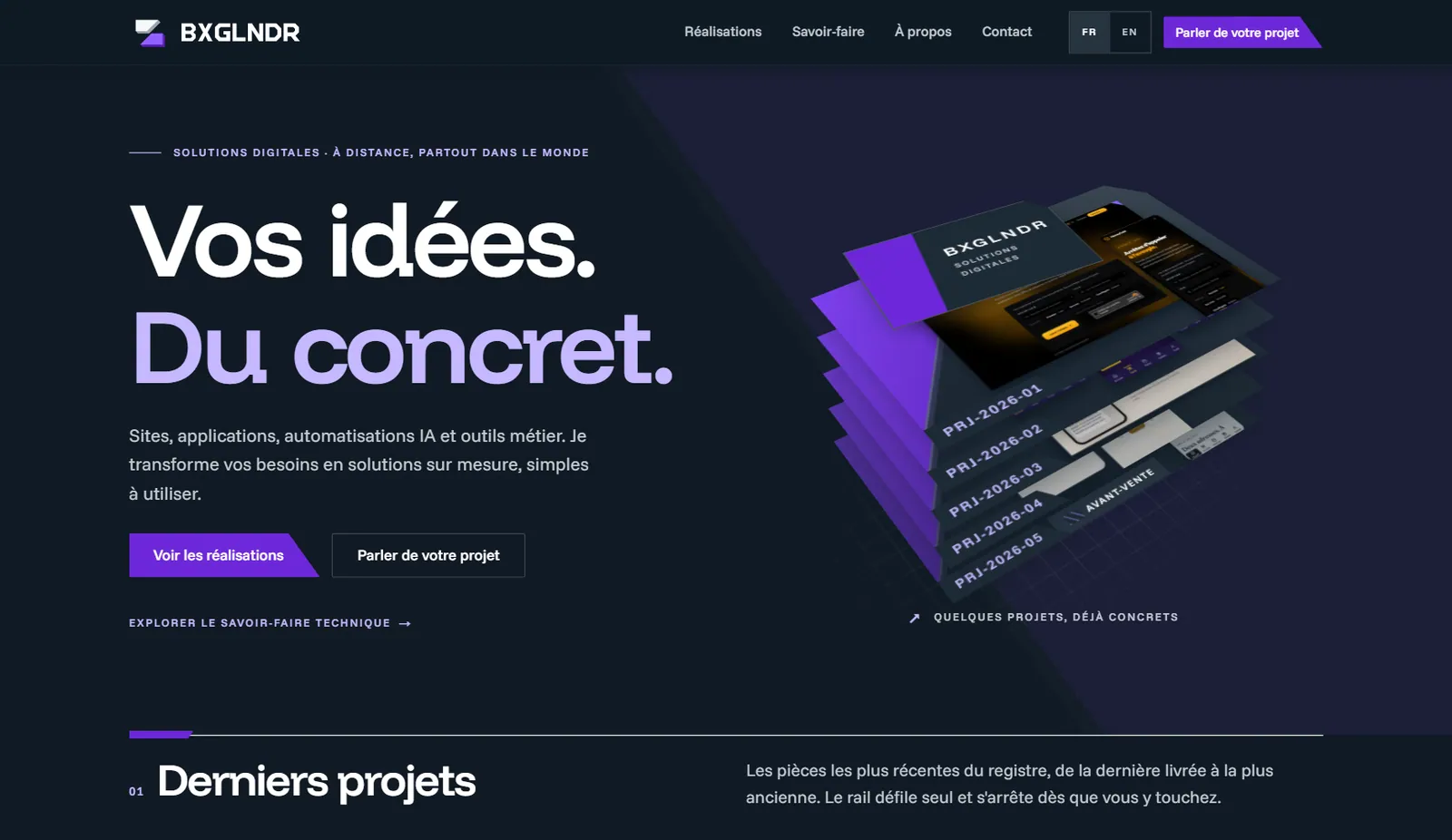 The site’s public home page on desktop (French version), in the Night theme: "Vos idées. Du concret." (your ideas, made concrete), the "Voir les réalisations" (see the work) and "Parler de votre projet" (talk about your project) buttons, a stack of registry cards and the start of the latest projects.