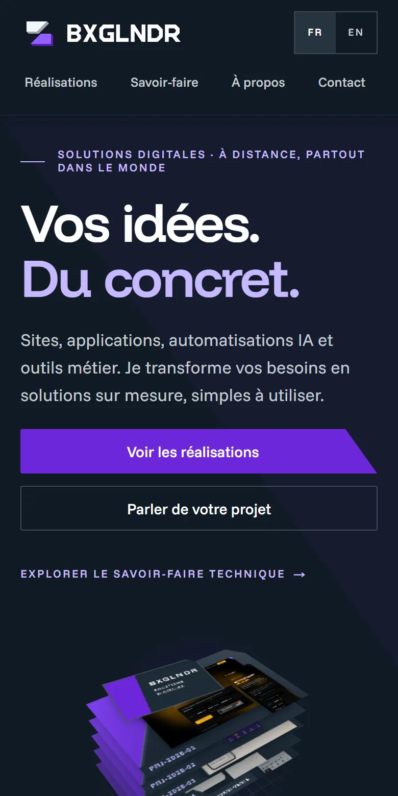 The same home page on a phone: the BXGLNDR logo, the menu, the title and the two buttons.