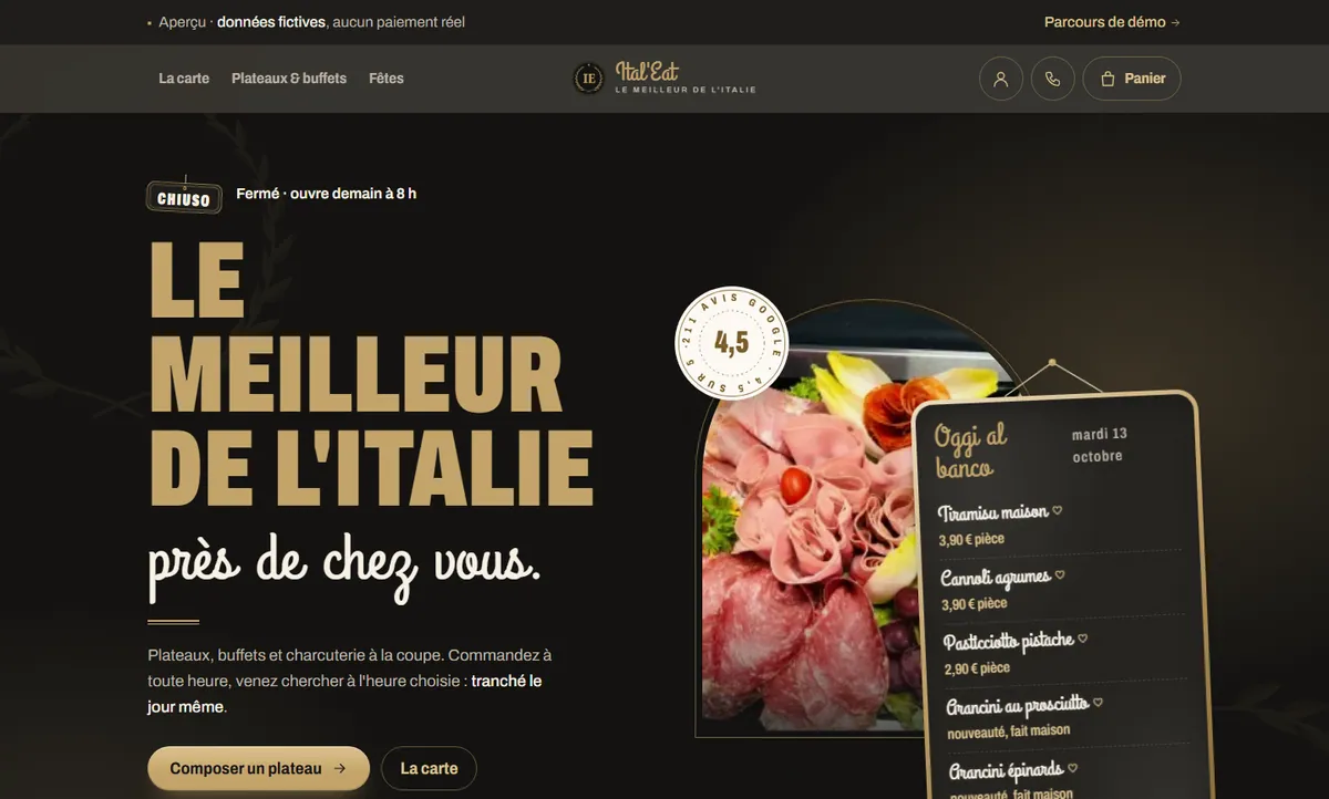 The app’s home page on desktop (French version): "Le meilleur de l’Italie près de chez vous" (the best of Italy near you), a photo of cold cuts and the day’s board, under the "Aperçu · données fictives, aucun paiement réel" banner (preview, fictional data, no real payment).