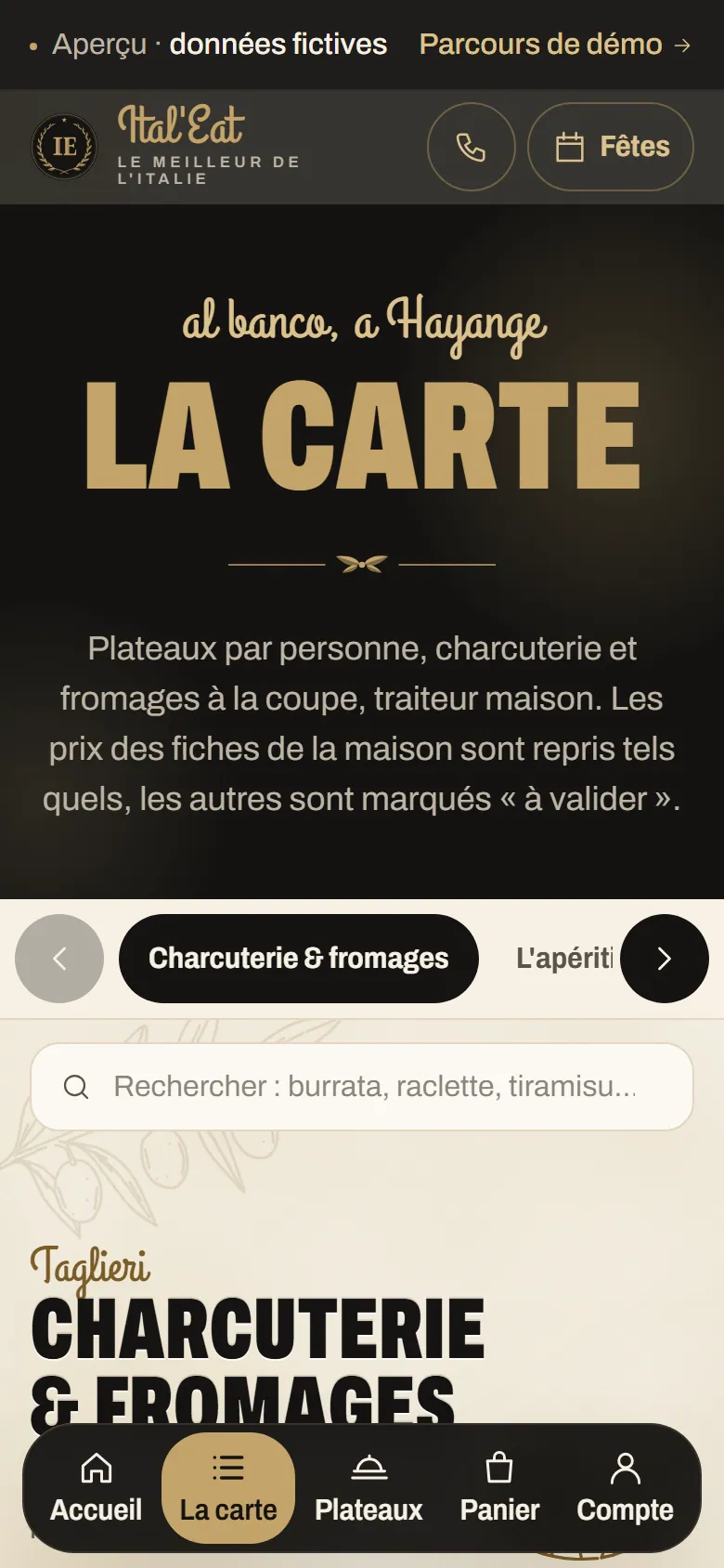 The menu on a phone: "al banco, a Hayange", the intro text, the scrolling sections, the search field and the app’s navigation bar.