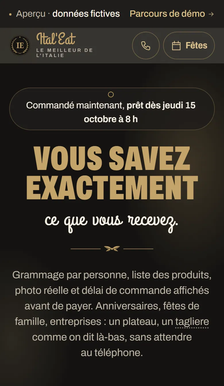 The platters page: the earliest pickup date, "Vous savez exactement ce que vous recevez" (you know exactly what you get) and the commitment: grams per person, list of products, real photo and ordering lead time shown before paying.