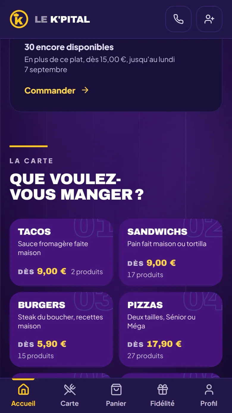 Accueil de l’application Le K’Pital : la carte par familles, Tacos, Sandwichs, Burgers, Pizzas.