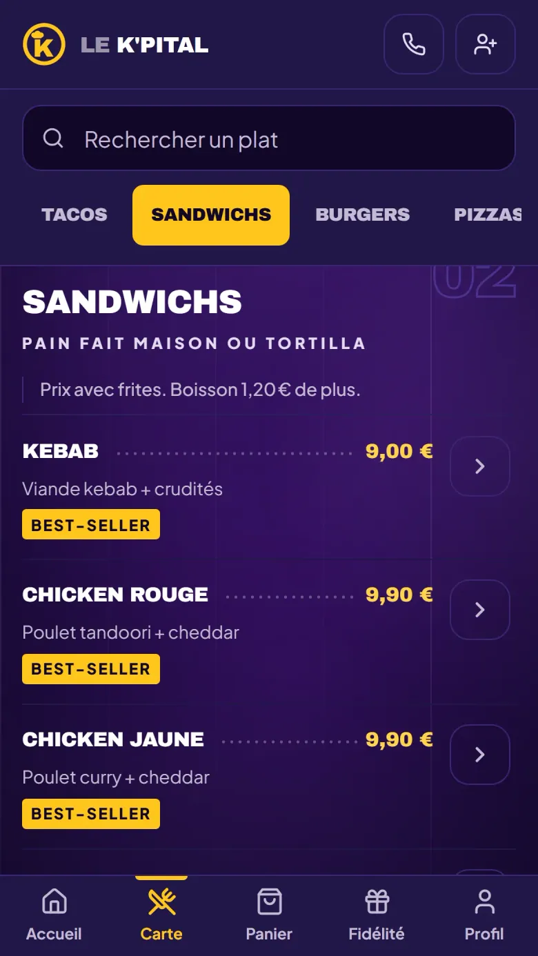 La carte de l’application, avec recherche, onglets de familles et prix des sandwichs.