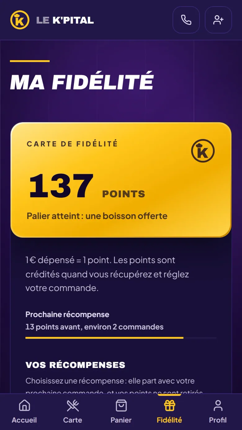 Écran « Ma fidélité » : carte de points, prochain palier et récompenses disponibles.