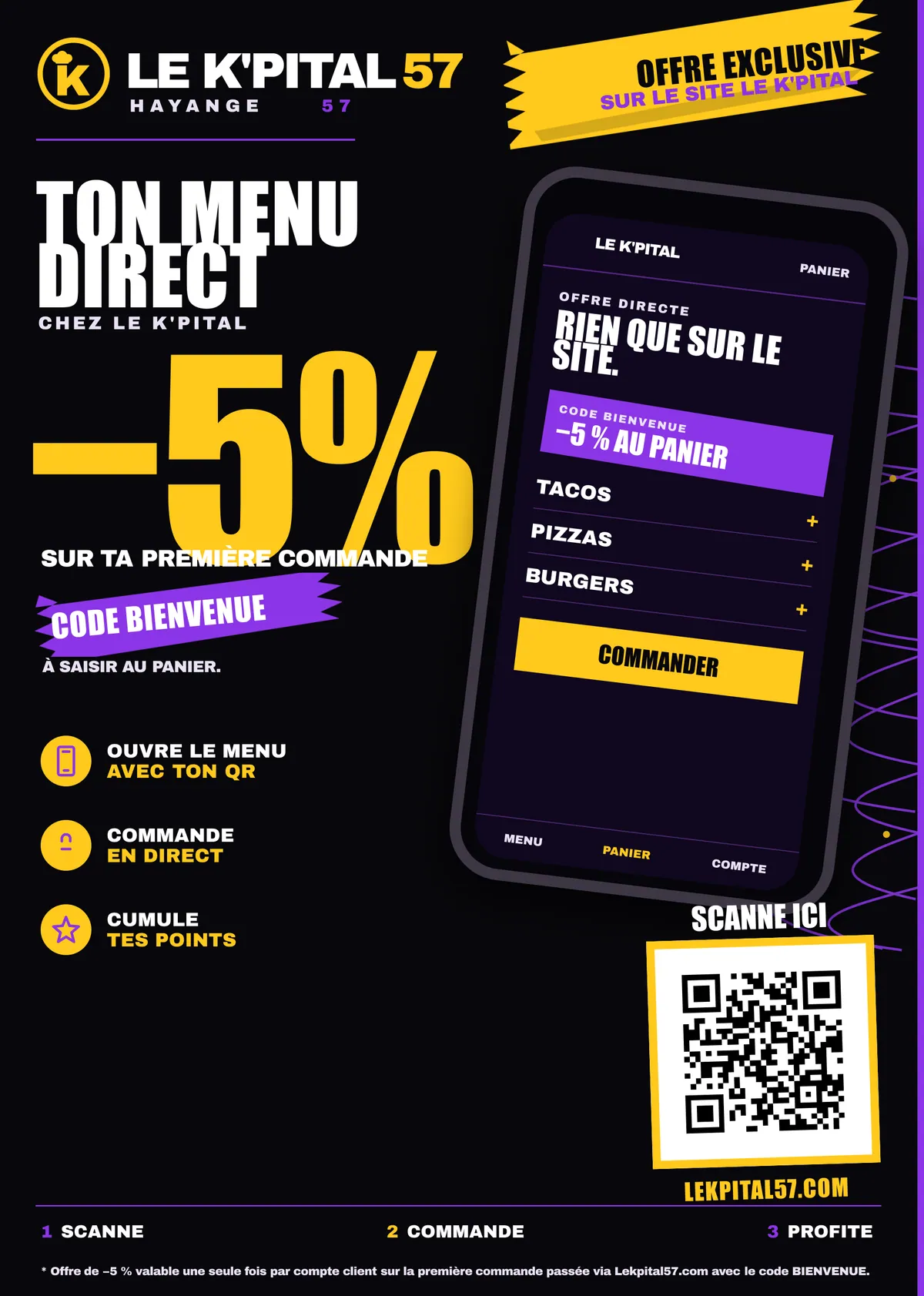 Flyer A5 « Ton menu direct » avec un QR code qui ouvre l’application.
