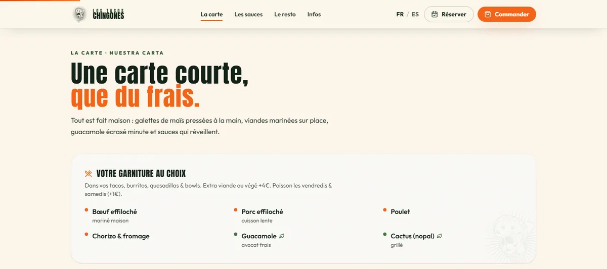 La carte sur ordinateur : « Une carte courte, que du frais » et le bloc « Votre garniture au choix » (bœuf effiloché, porc effiloché, poulet, chorizo et fromage, guacamole, cactus).