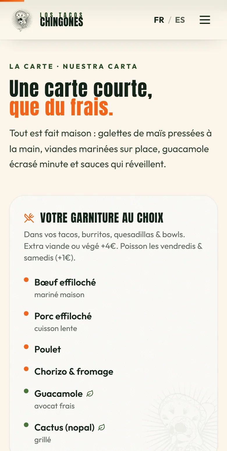 La carte sur téléphone : le bloc « Votre garniture au choix » présenté en une seule colonne.