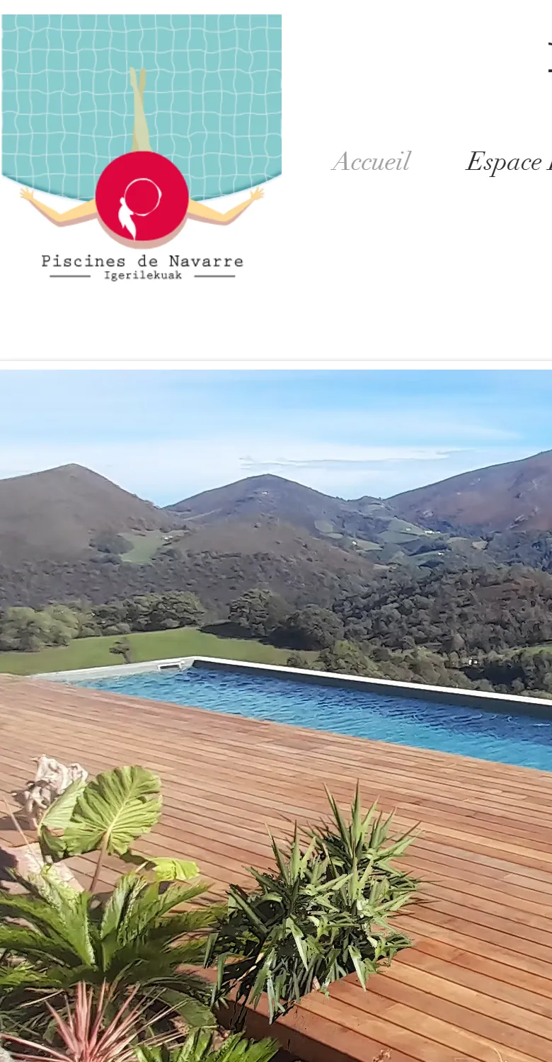 Before, on a phone: the site shows the desktop layout, with the menu running off the screen, then a large photo of a pool.