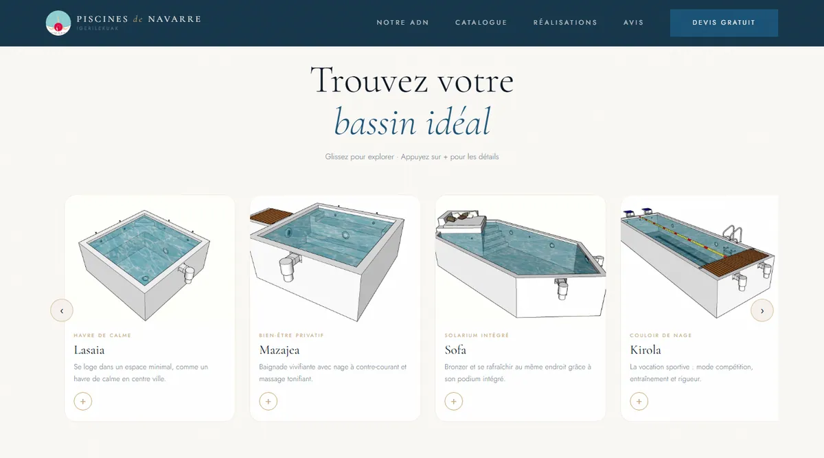 The mock-up’s catalogue section (in French): "Trouvez votre bassin idéal" (find your ideal pool) and a carousel of pool models, each with its visual, its name and a short description.
